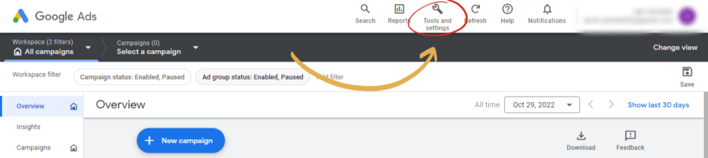 screenshot of Google Ads dashboard with the Tools and Settings button highlighted