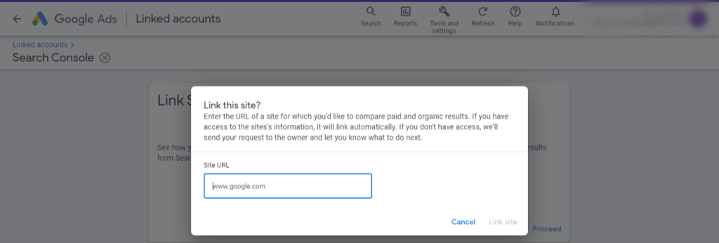 screenshot of a dialogue box in Google Ads asking for a URL