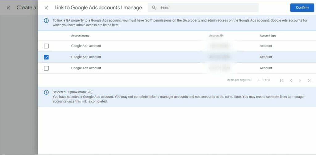 screenshot of Google Analytics with Link to Google Ads accounts dialogue box