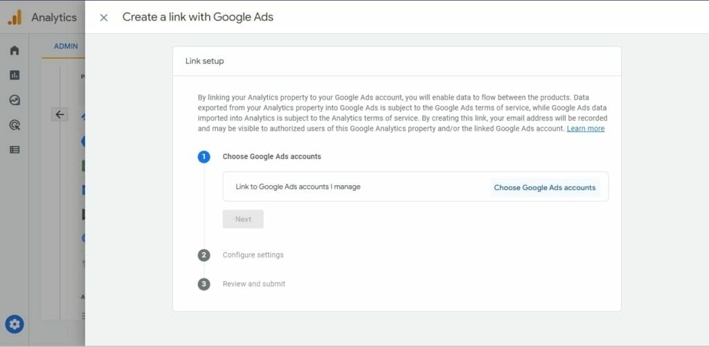 screenshot of Google Analytics with Create a link with Google Ads dialogue box