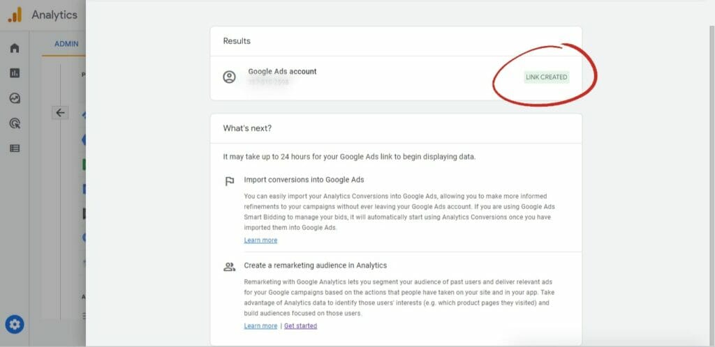 Google Analytics screenshot with Link Created highlighted