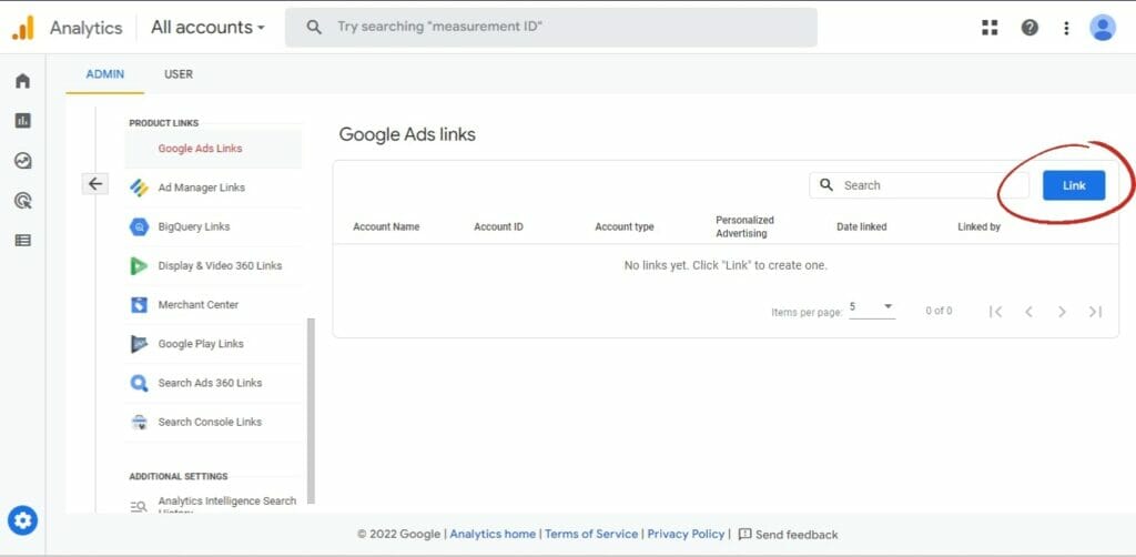 screenshot of Google Analytics with an arrow pointing to Google Ads Links