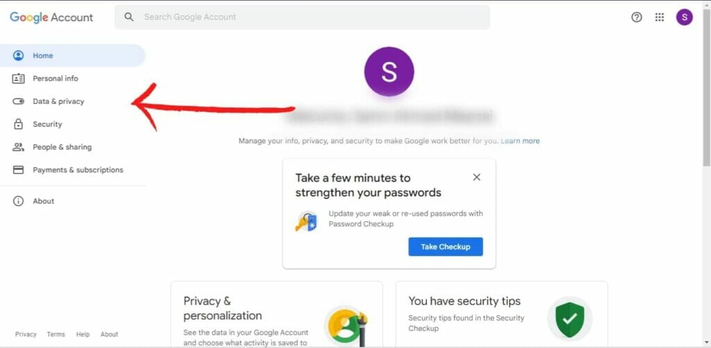 Google Account with an arrow pointing to 'Data and Privacy'