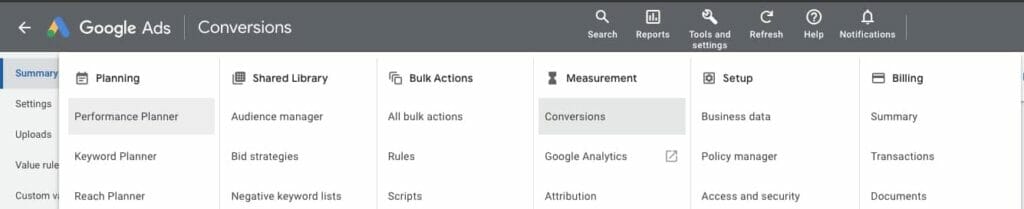 conversions option highlighted in Google Ads navigation bar