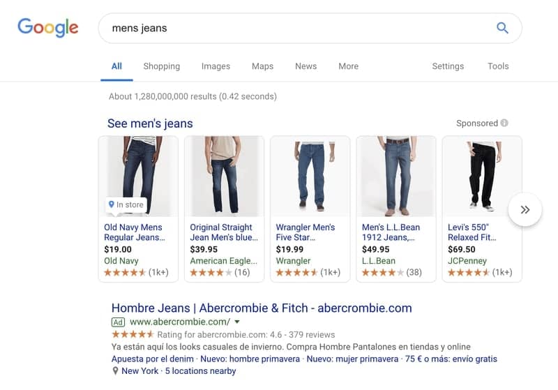 A Google SERP screenshot displaying men's jeans ads