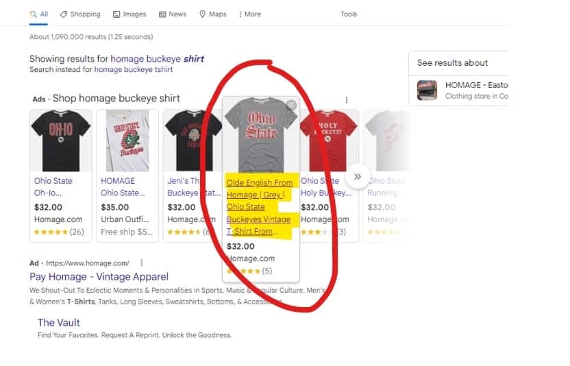 Google SERP with a product title highlighted